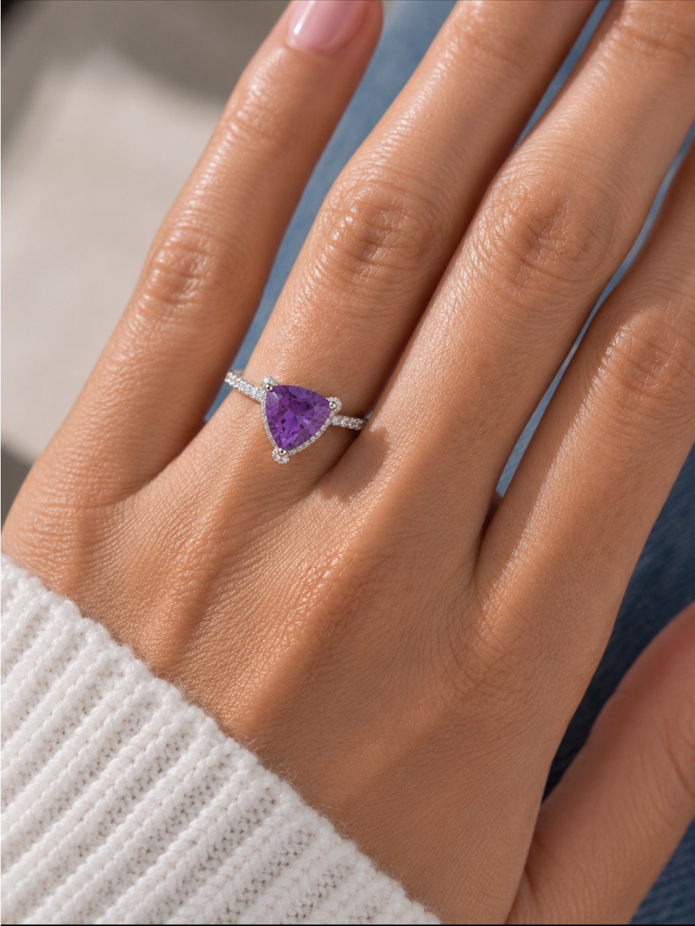 Bomb Party Trillion-Cut Purple Amethyst Cubic Zirconia Ring Plated In Rhodium